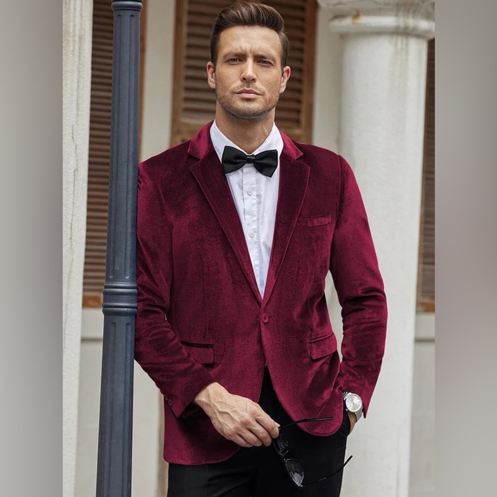 Coofandy Men’s Luxury Velvet Blazer/Suit Jacket | Color: Wine Red | NEW/NWT!!
